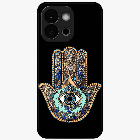 Mystic Hamsa Eye Glass Case for 1+13S symbolic front view featuring traditional hamsa eye artwork