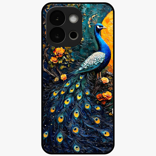 Peacock With Yellow Moon Glass Case for 1+13S striking front view featuring peacock artwork under glowing yellow moon