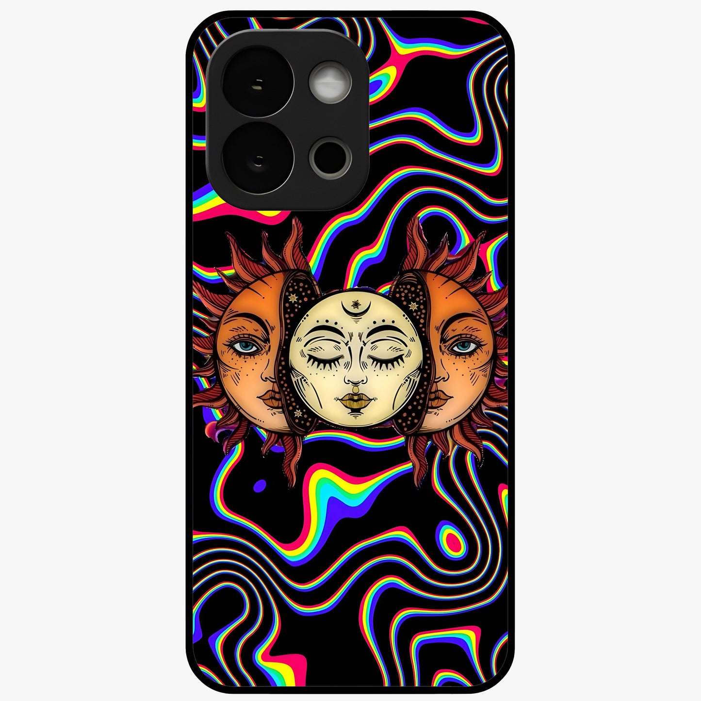Psychedelic Sun Glass Case for 1+13S artistic front view featuring vibrant sun artwork in psychedelic colors