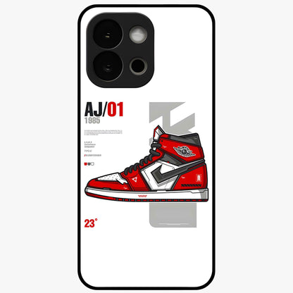 Retro Sneaker Blueprint Glass Case for 1+13S bold front view featuring sneaker blueprint style artwork