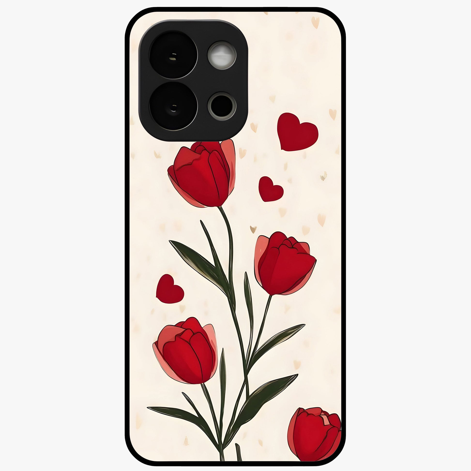 Romantic Tulip Hearts Glass Case for 1+13S sweet front view featuring tulip floral artwork with heart accents