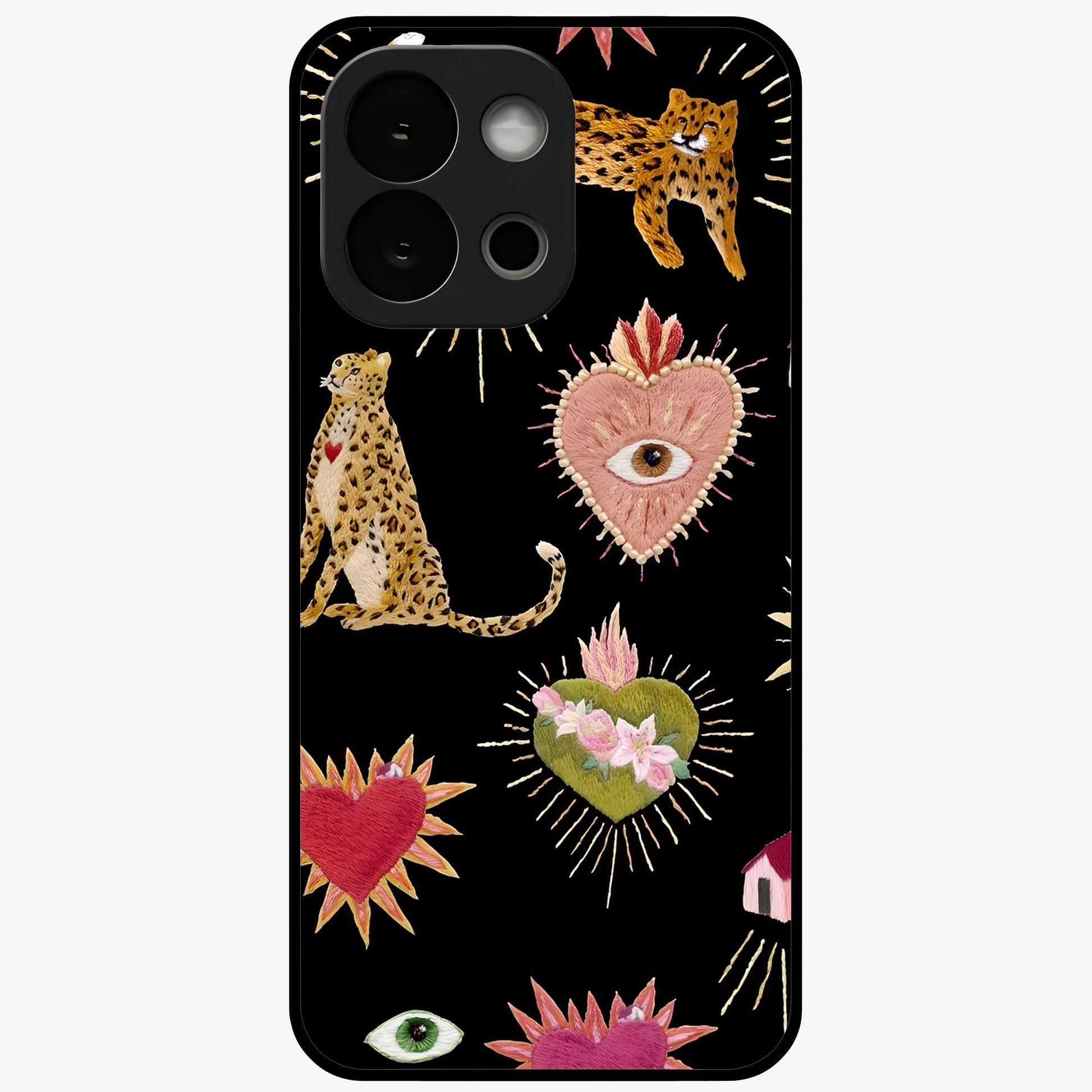 Sacred Jungle Heart Glass Case for 1+13S vibrant front view featuring jungle inspired artwork with symbolic heart accents