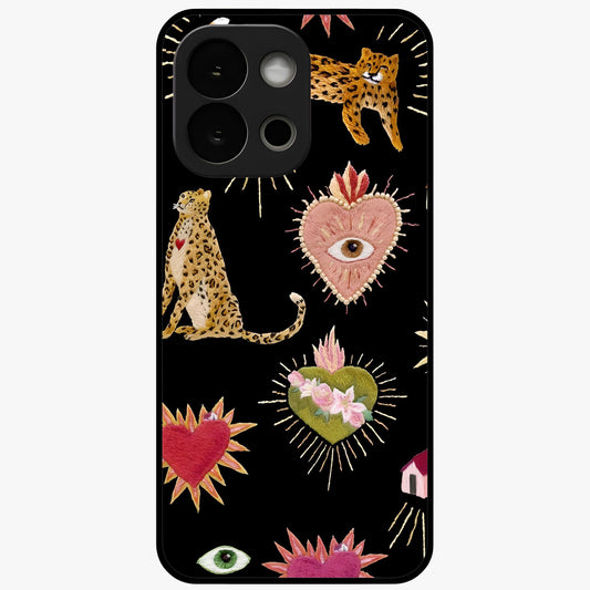 Sacred Jungle Heart Glass Case for 1+13S vibrant front view featuring jungle inspired artwork with symbolic heart accents