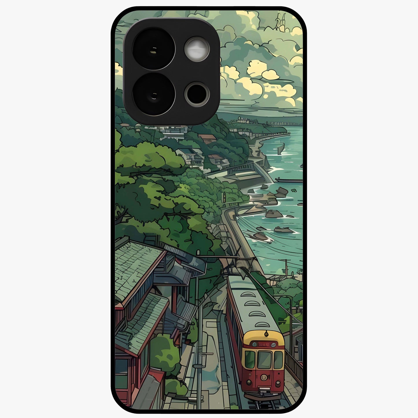 Seaside Train Ride Glass Case for 1+13S scenic front view featuring coastal train landscape artwork