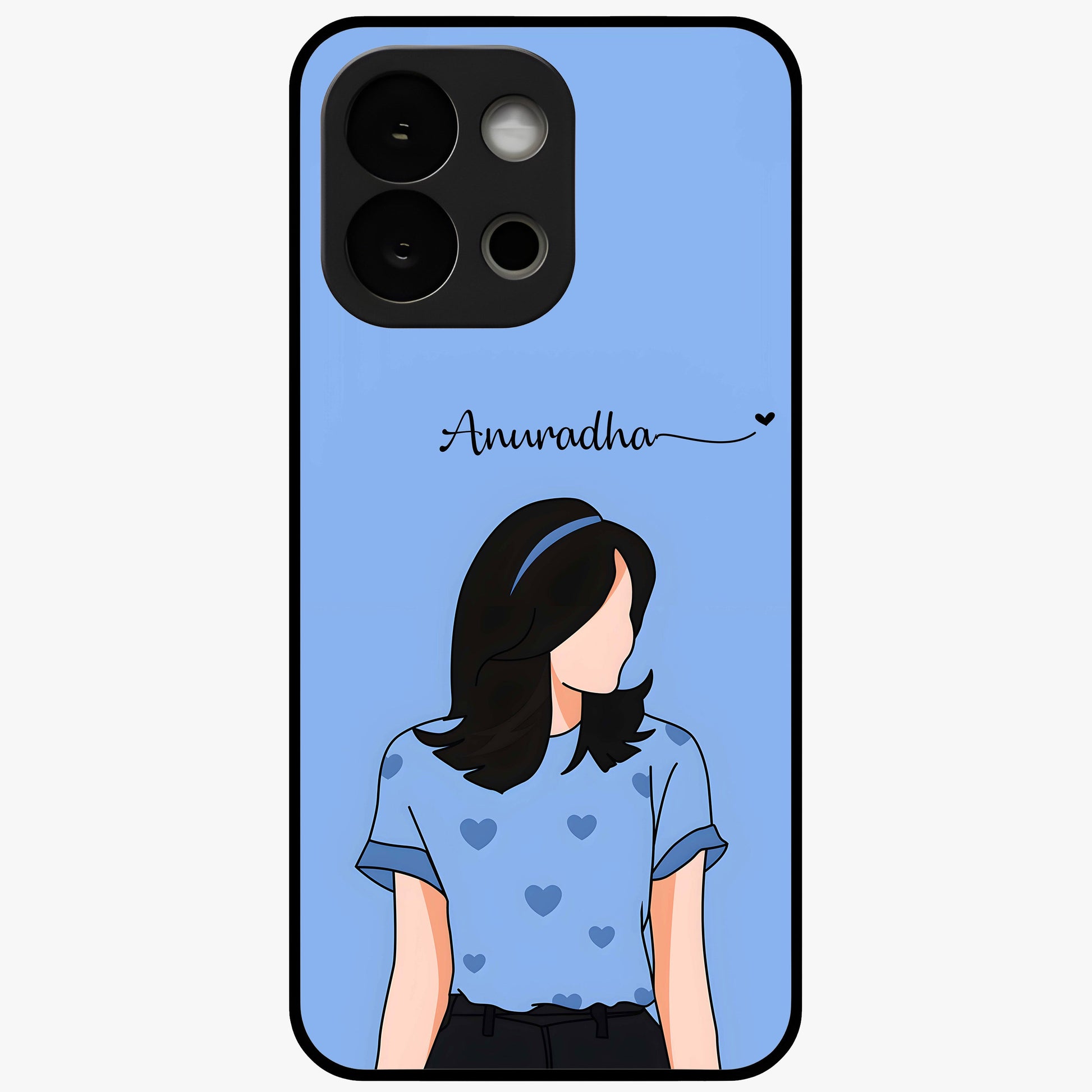 Soft Hearts Girl Glass Case for 1+13S cute front view featuring illustrated girl with soft heart accents