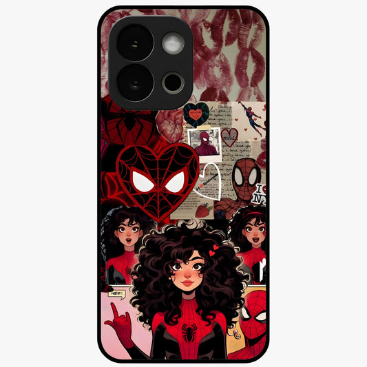 Spider Love Story Glass Case for 1+13S bold front view featuring superhero inspired romantic artwork