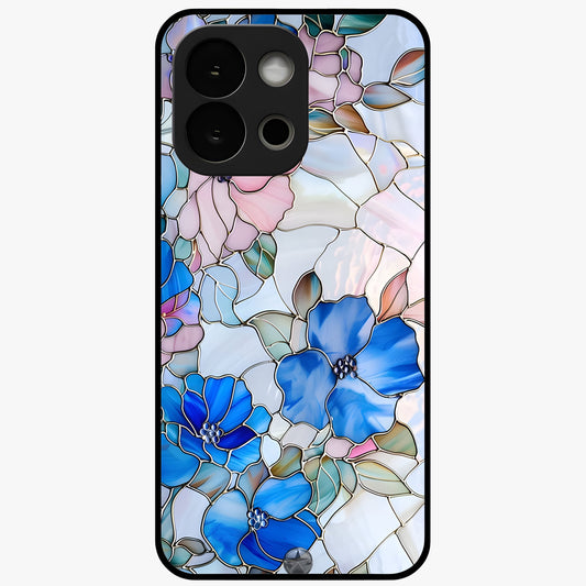 Stained Blue Floral Glass Case for 1+13S elegant front view featuring blue stained glass inspired floral artwork