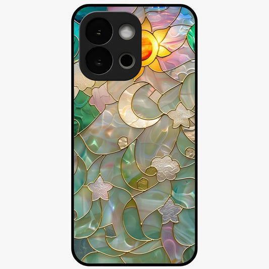 Stained Sunrise Glow Glass Case for 1+13S radiant front view featuring sunrise inspired stained glass artwork