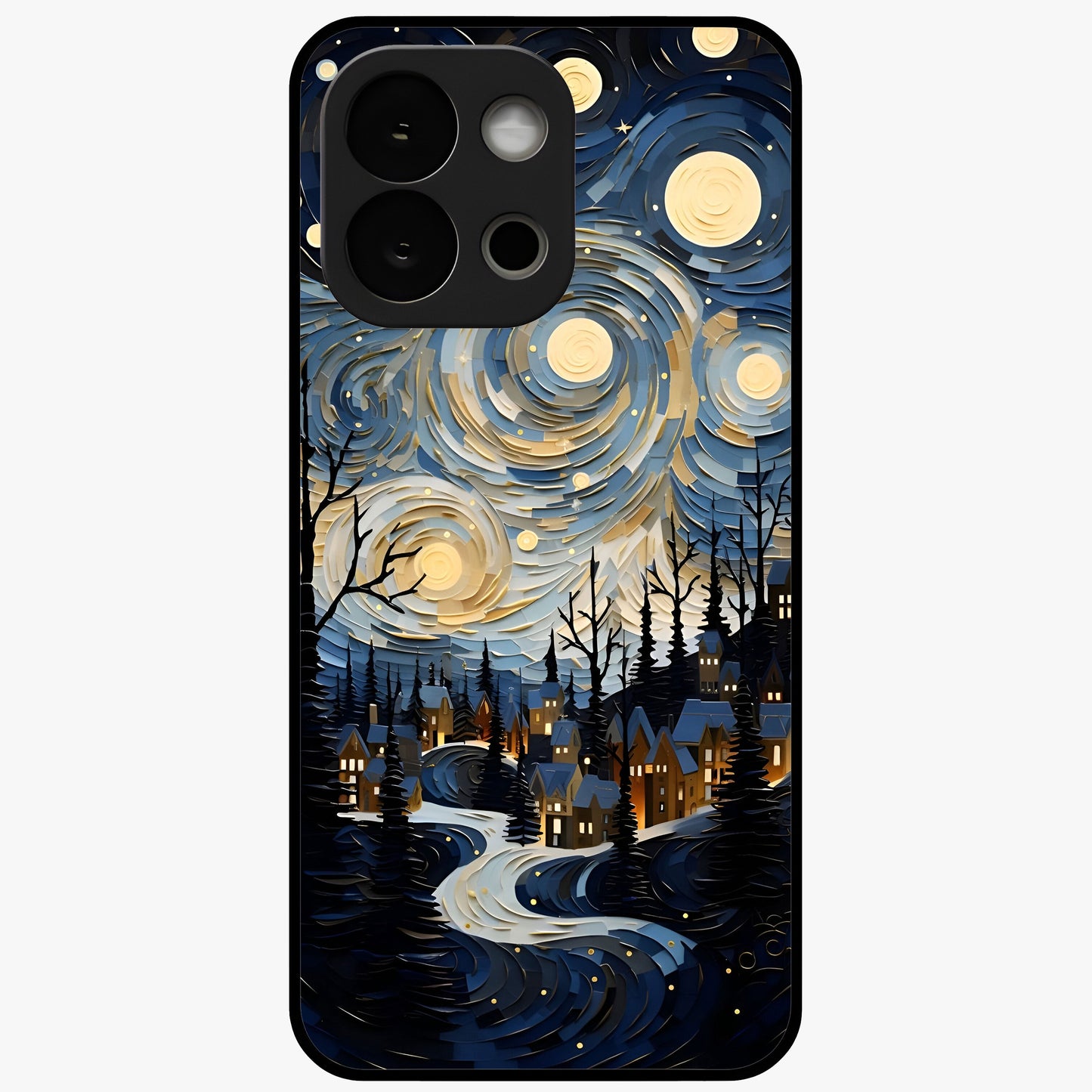 Starry Winter Town Glass Case for 1+13S scenic front view featuring snowy town artwork under sparkling night sky