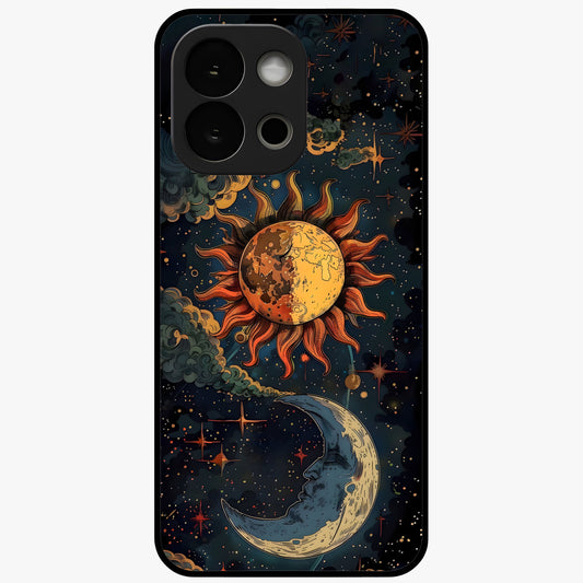 Sun and Moonflowers Glass Case for 1+13S vibrant front view featuring floral artwork blended with sun and moon elements