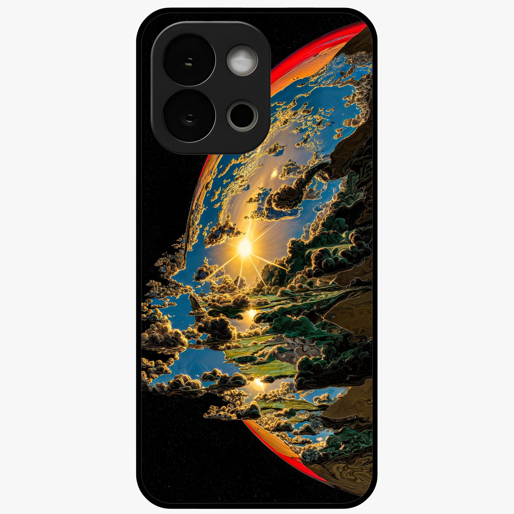 Sunrise Bursting Glass Case for 1+13S radiant front view featuring vibrant sunrise inspired artwork