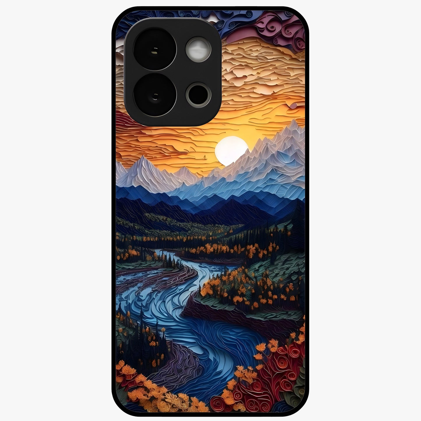 Sunrise River Dreams Glass Case for 1+13S scenic front view featuring river landscape under glowing sunrise sky