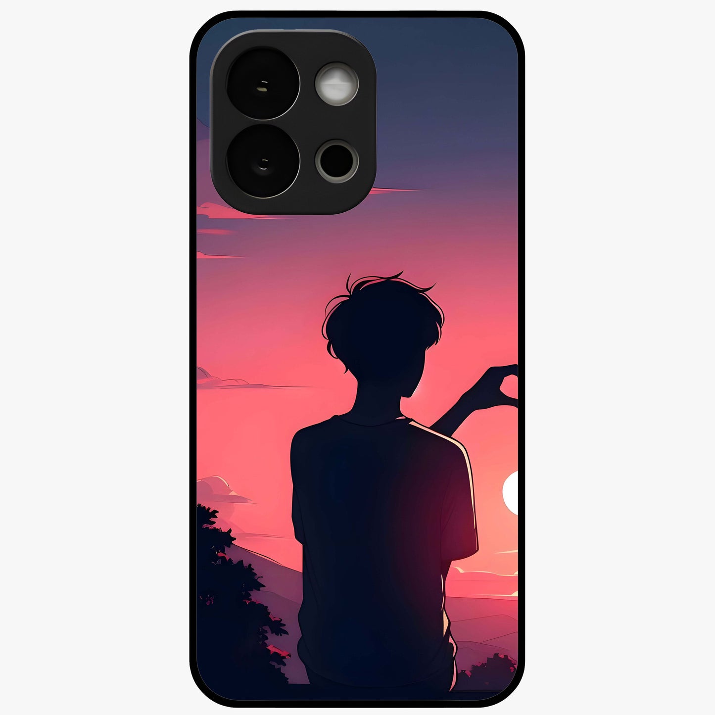Sunset Silhouette Girl Glass Case for 1+13S aesthetic front view featuring girl silhouette under glowing sunset sky