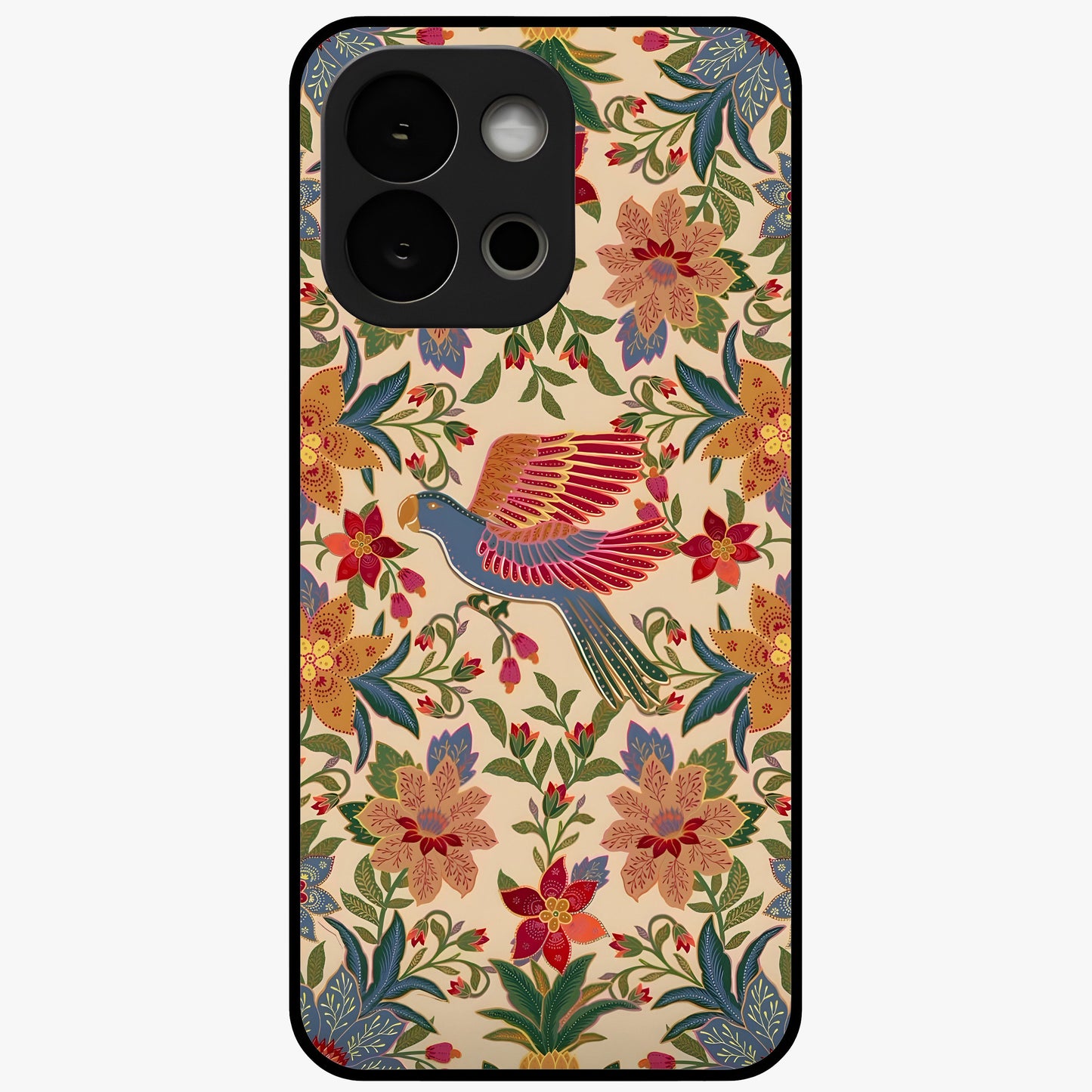 Tropical Folk Art Bird Glass Case for 1+13S artistic front view featuring colorful bird artwork in folk style