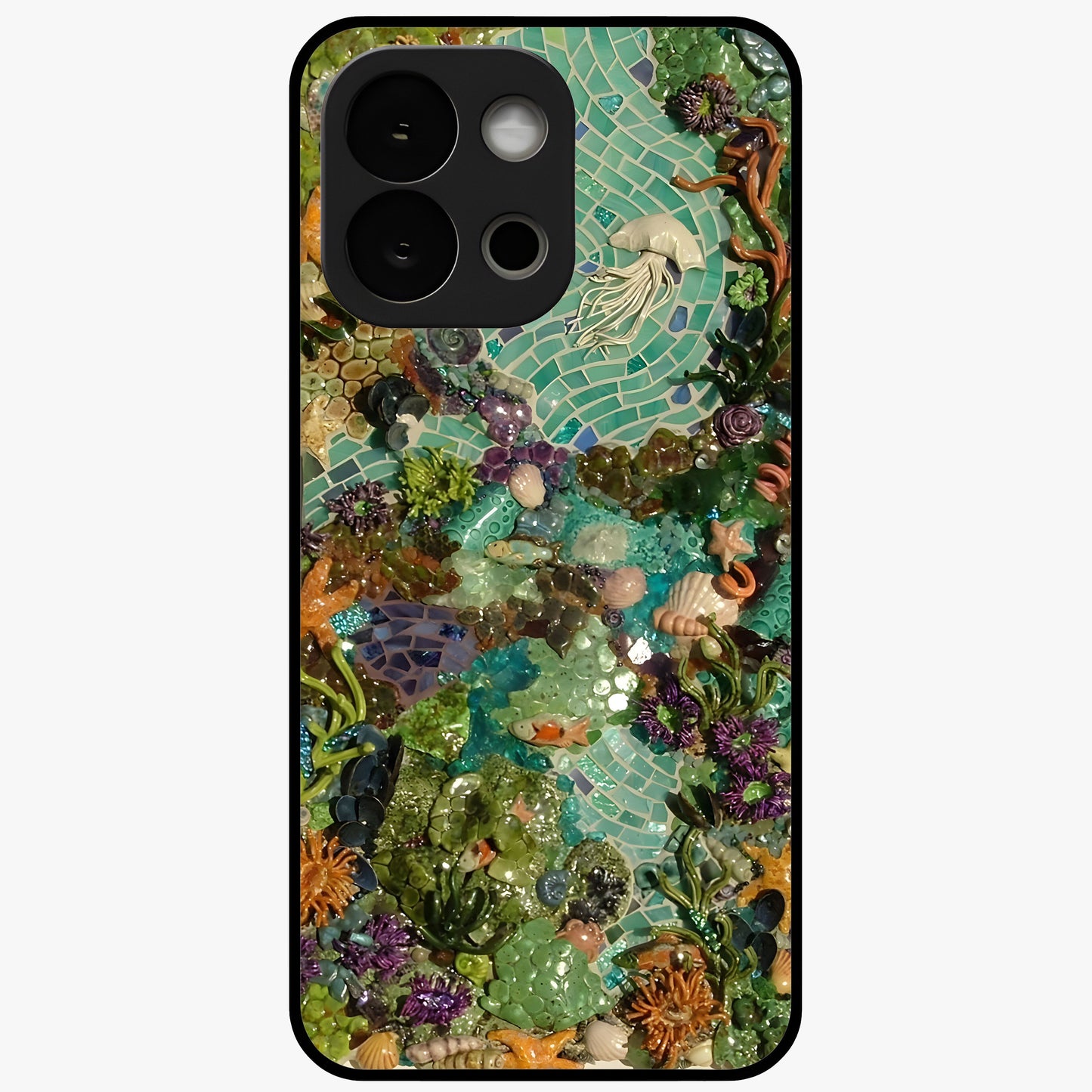 Underwater Mosaic Art Glass Case for 1+13S artistic front view featuring mosaic inspired underwater artwork