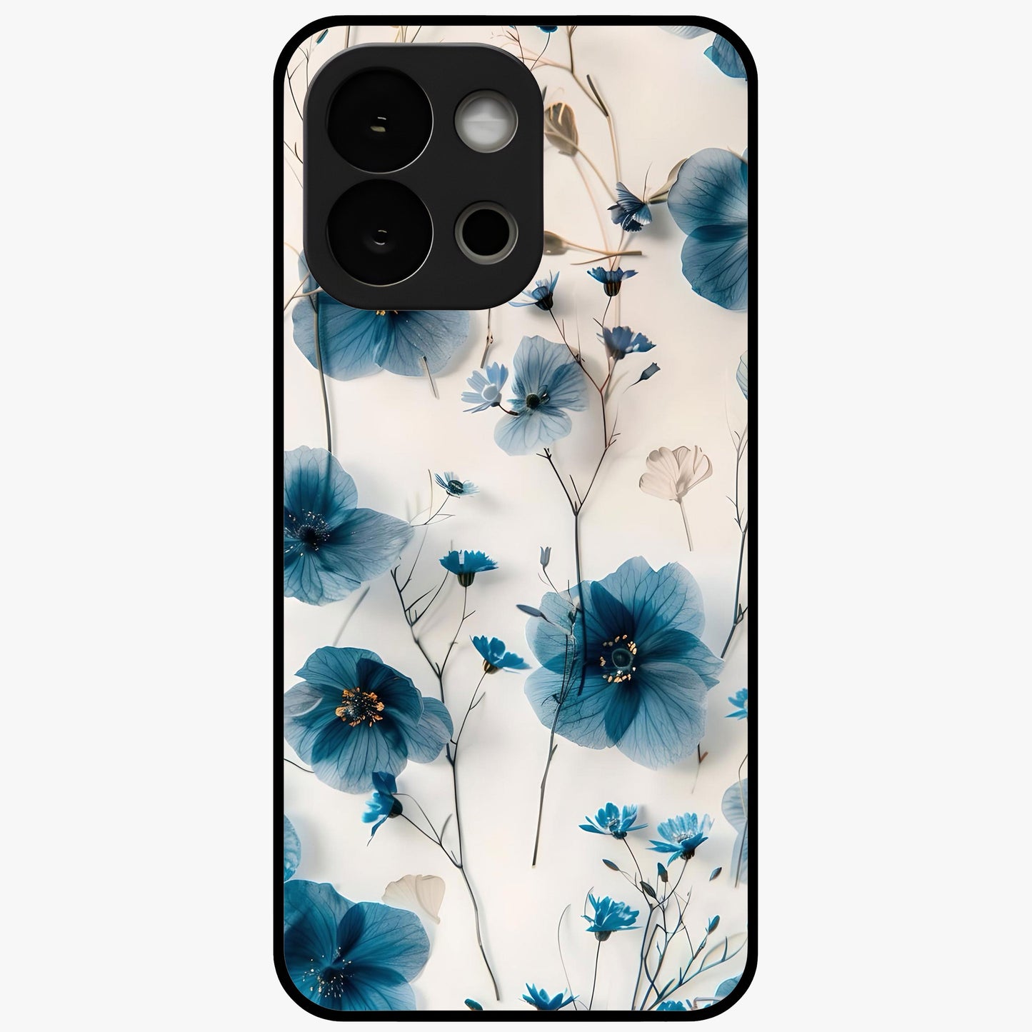 Whispers of Blue Bloom Glass Case for 1+13S vibrant front view featuring blue floral artwork with soft glow