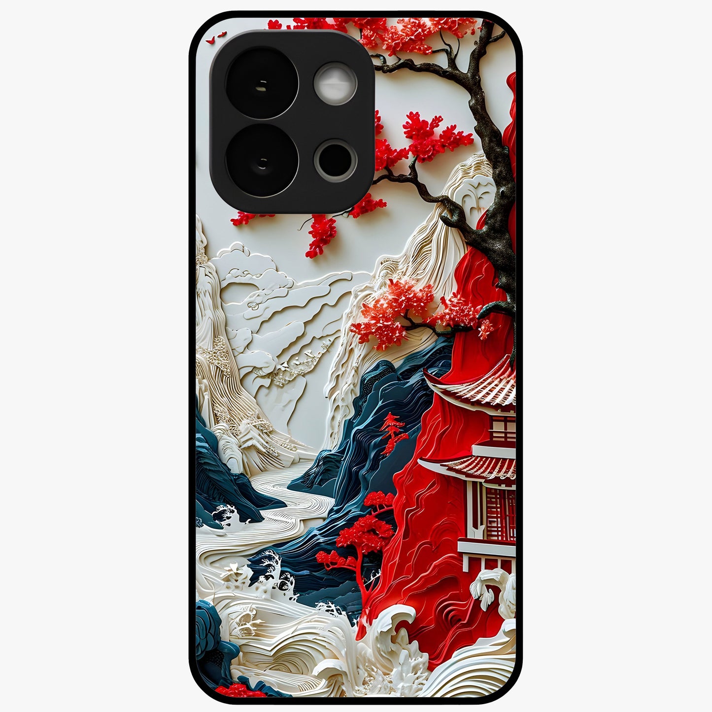 Whispers of Sakura Waves Glass Case for 1+13S artistic front view featuring cherry blossom artwork blended with flowing waves