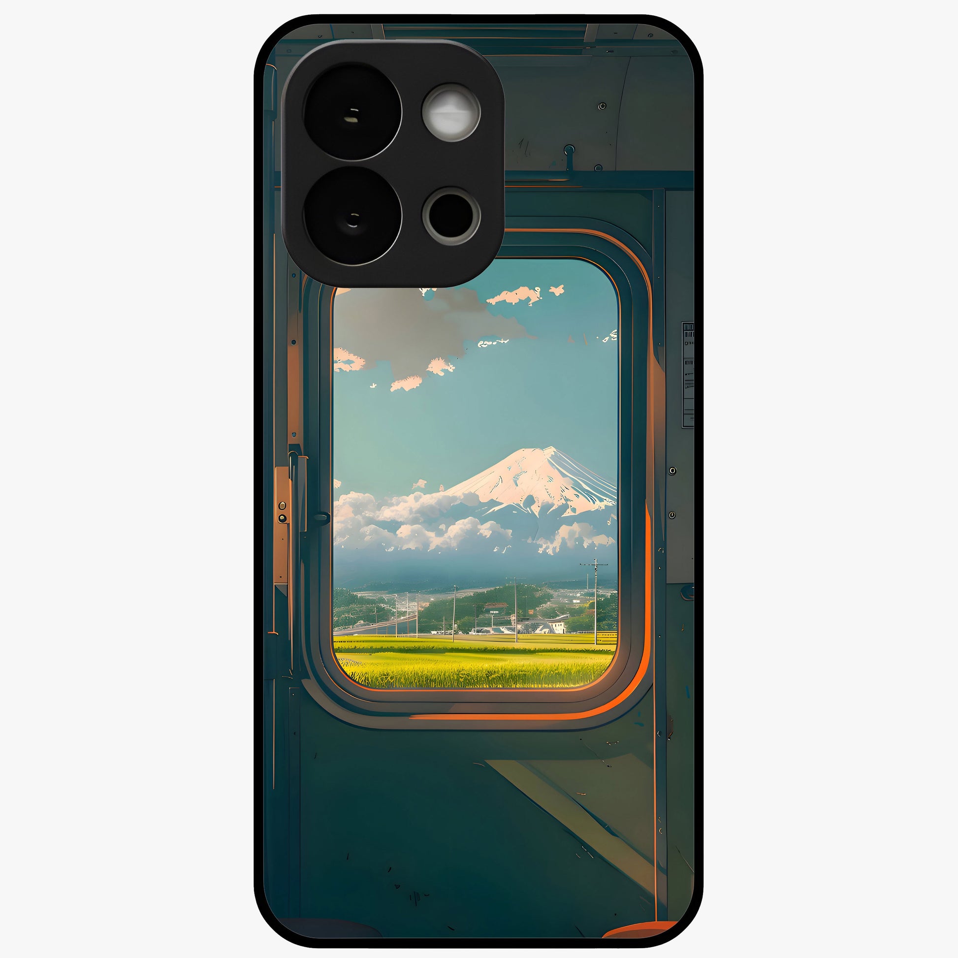 Window to Fuji Glass Case for 1+13S scenic front view featuring Mount Fuji artwork framed through a window design