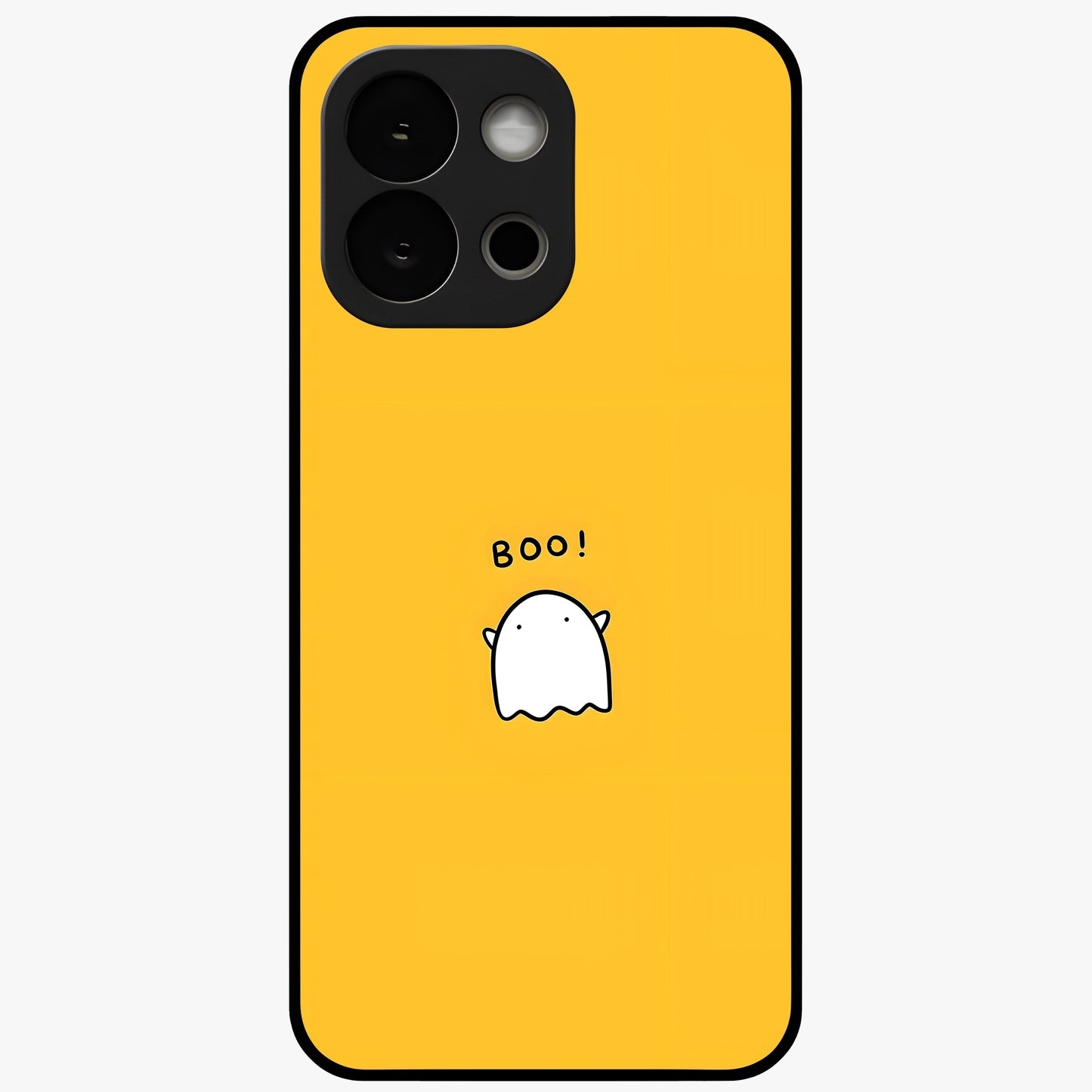 Yellow Boo Ghost Glass Case for 1+13S playful front view featuring cute ghost artwork in vibrant yellow tones