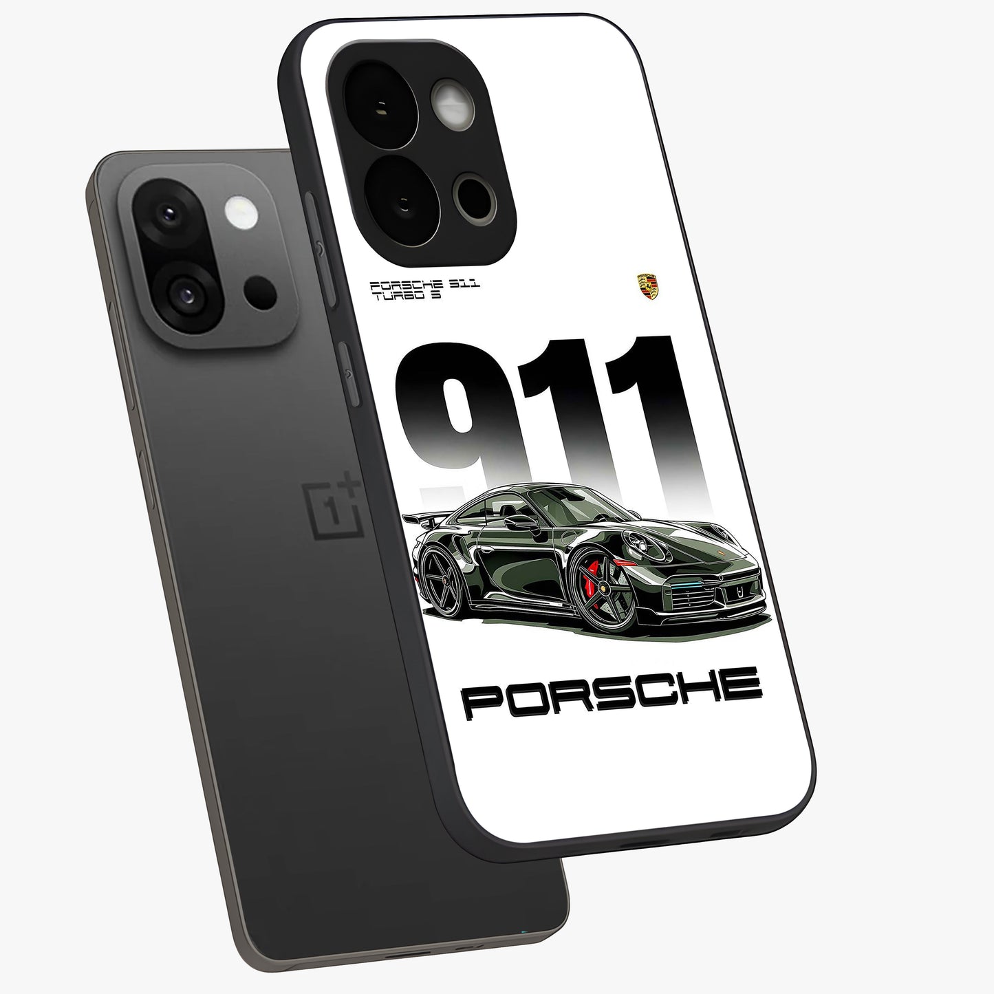 911 Turbo Dominance Glass Case for 1+13S premium angled mockup showcasing glossy glass finish and racing inspired design