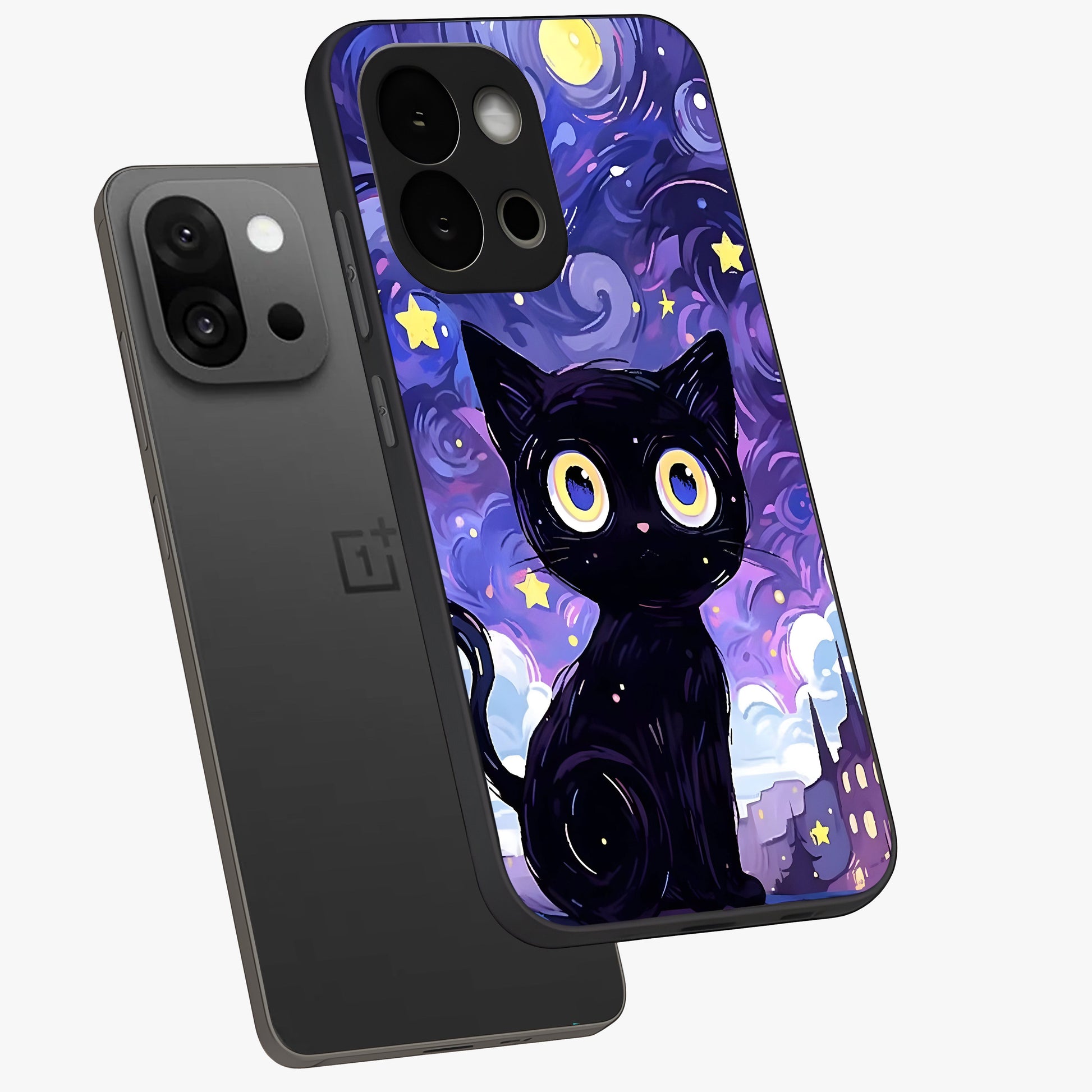 Abstract Cat Art Glass Case for 1+13S premium angled mockup showcasing glossy glass finish and creative feline design
