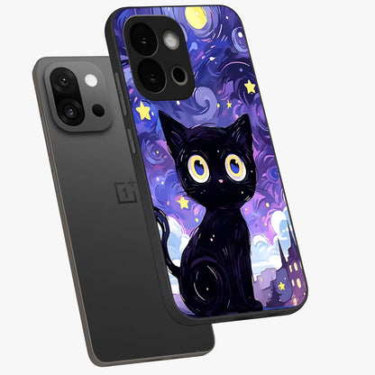 Abstract Cat Art Glass Case for 1+13S premium angled mockup showcasing glossy glass finish and creative feline design