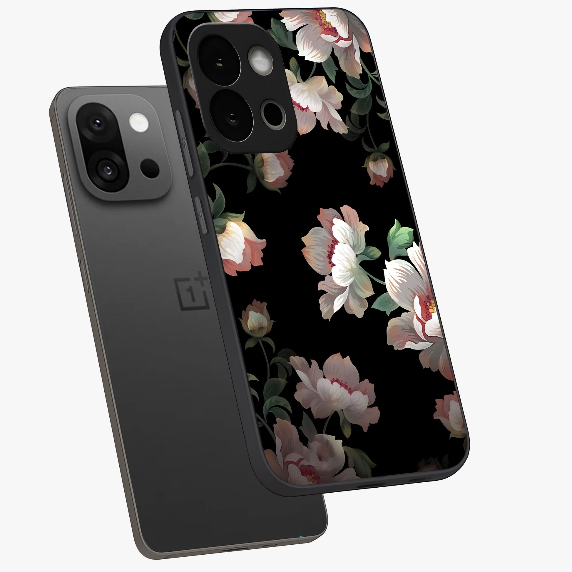 Abstract Embossed Blooming Bright Flower Glass Case for 1+13S angled mockup showcasing glossy surface and detailed bloom design