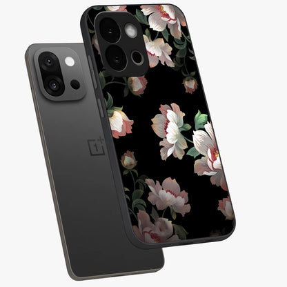 Abstract Embossed Blooming Bright Flower Glass Case for 1+13S angled mockup showcasing glossy surface and detailed bloom design