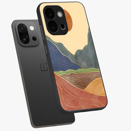 Abstract Mountain Glow Glass Case for 1+13S angled mockup showcasing glossy glass finish and scenic gradient tones