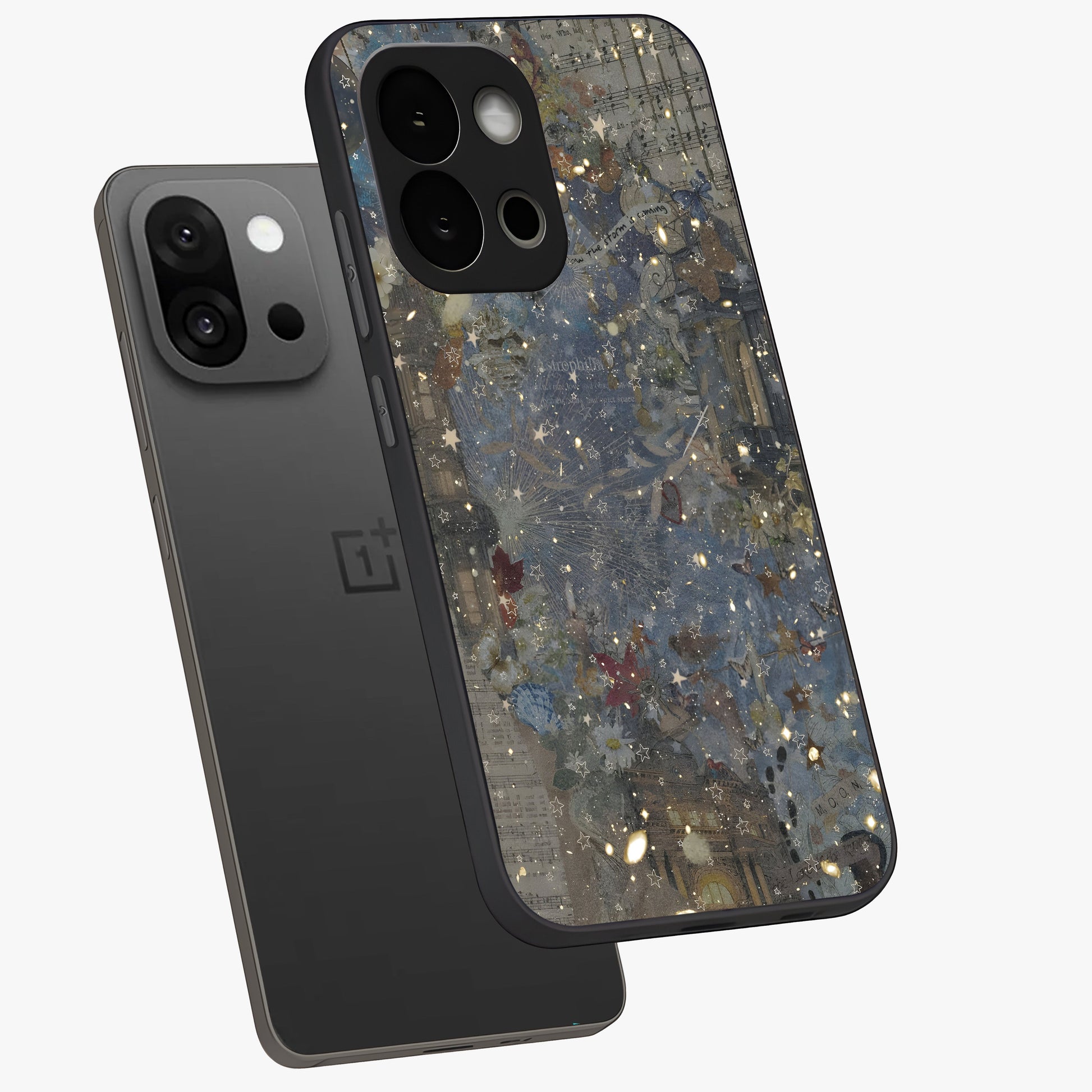 Aesthetic Astrolophia Glass Case for 1+13S angled mockup showcasing glossy cosmic design and premium glass finish