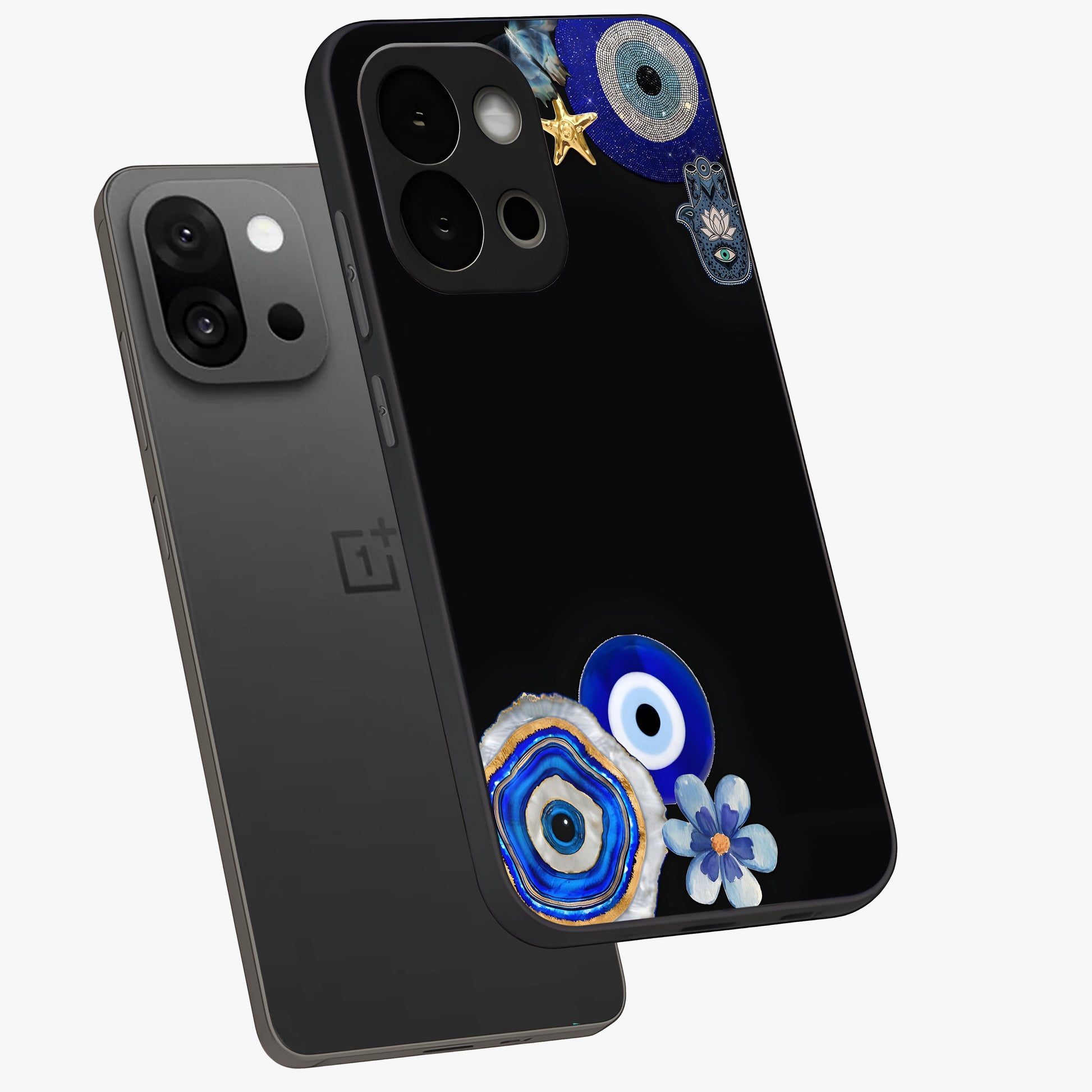 Aesthetic Blue Evil Eye Glass Case for 1+13S angled mockup showcasing glossy finish and protective symbol design