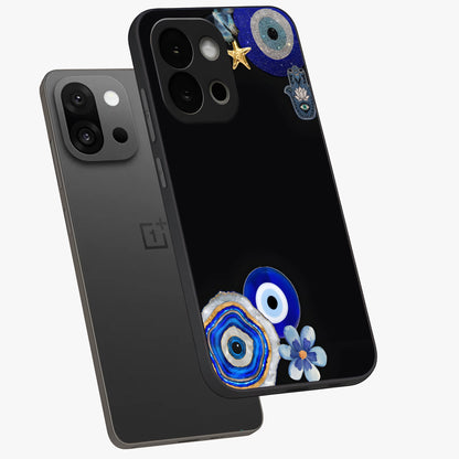 Aesthetic Blue Evil Eye Glass Case for 1+13S angled mockup showcasing glossy finish and protective symbol design