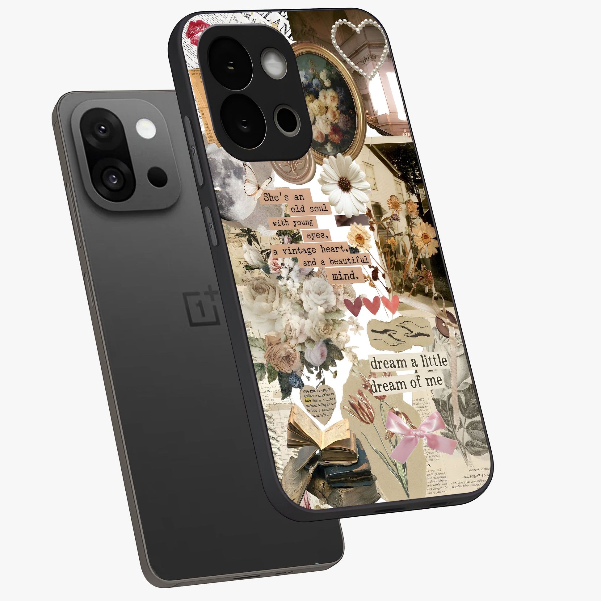 Aesthetic Brown Vintage Collage Glass Case for 1+13S angled mockup showcasing glossy layered vintage textures