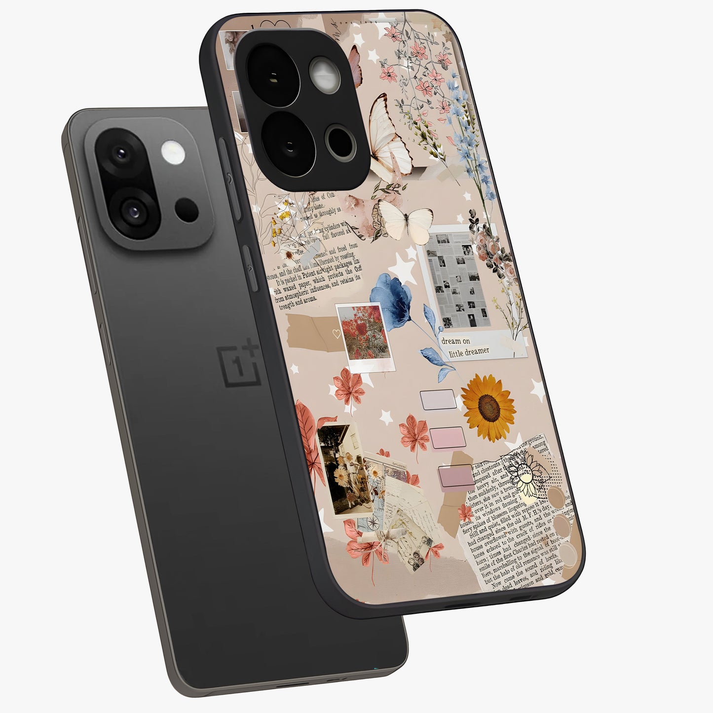 Aesthetic Butterfly Glass Case for 1+13S angled mockup showcasing glossy glass finish and delicate wing details