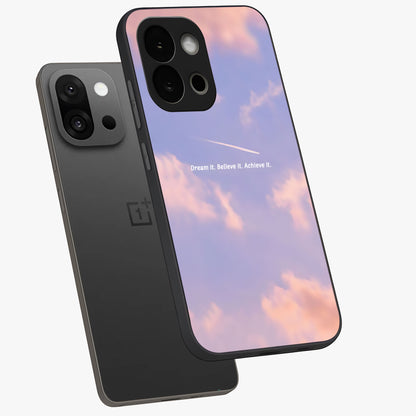 Aesthetic Clouds Dream Glass Case for 1+13S angled mockup showcasing glossy glass finish and sky inspired design