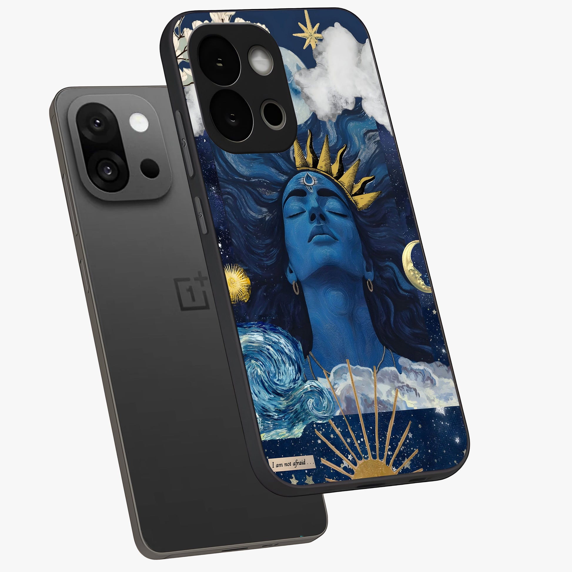 Aesthetic Lord Shiva Glass Case for 1+13S angled mockup showcasing glossy finish and divine aesthetic design