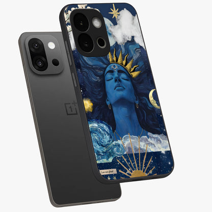Aesthetic Lord Shiva Glass Case for 1+13S angled mockup showcasing glossy finish and divine aesthetic design