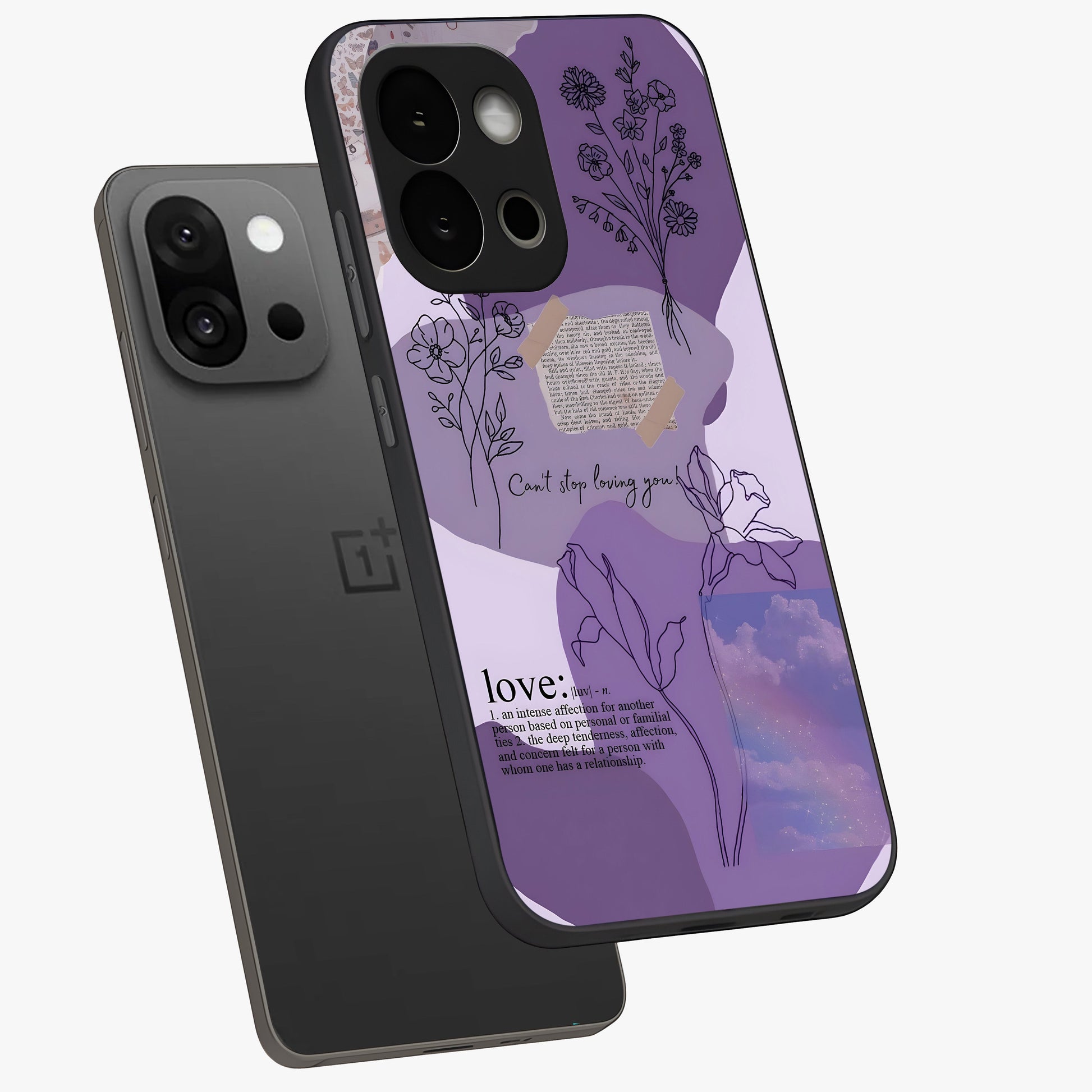 Aesthetic Love With Flower Glass Case for 1+13S angled mockup showcasing glossy finish and soft floral design