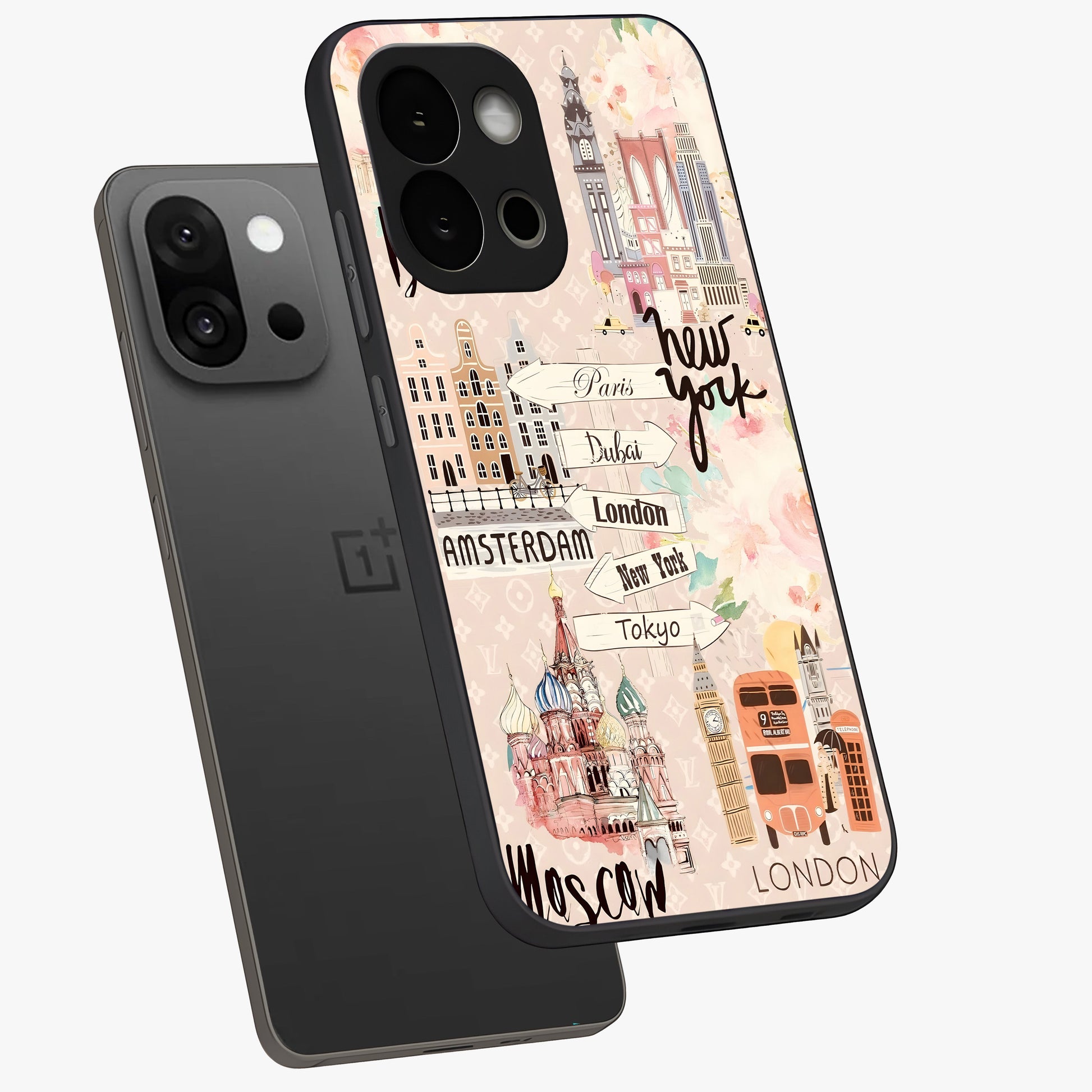 Aesthetic Travel Glass Case for 1+13S angled mockup showcasing glossy finish and adventure themed design