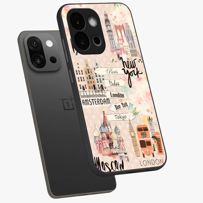 Aesthetic Travel Glass Case for 1+13S angled mockup showcasing glossy finish and adventure themed design