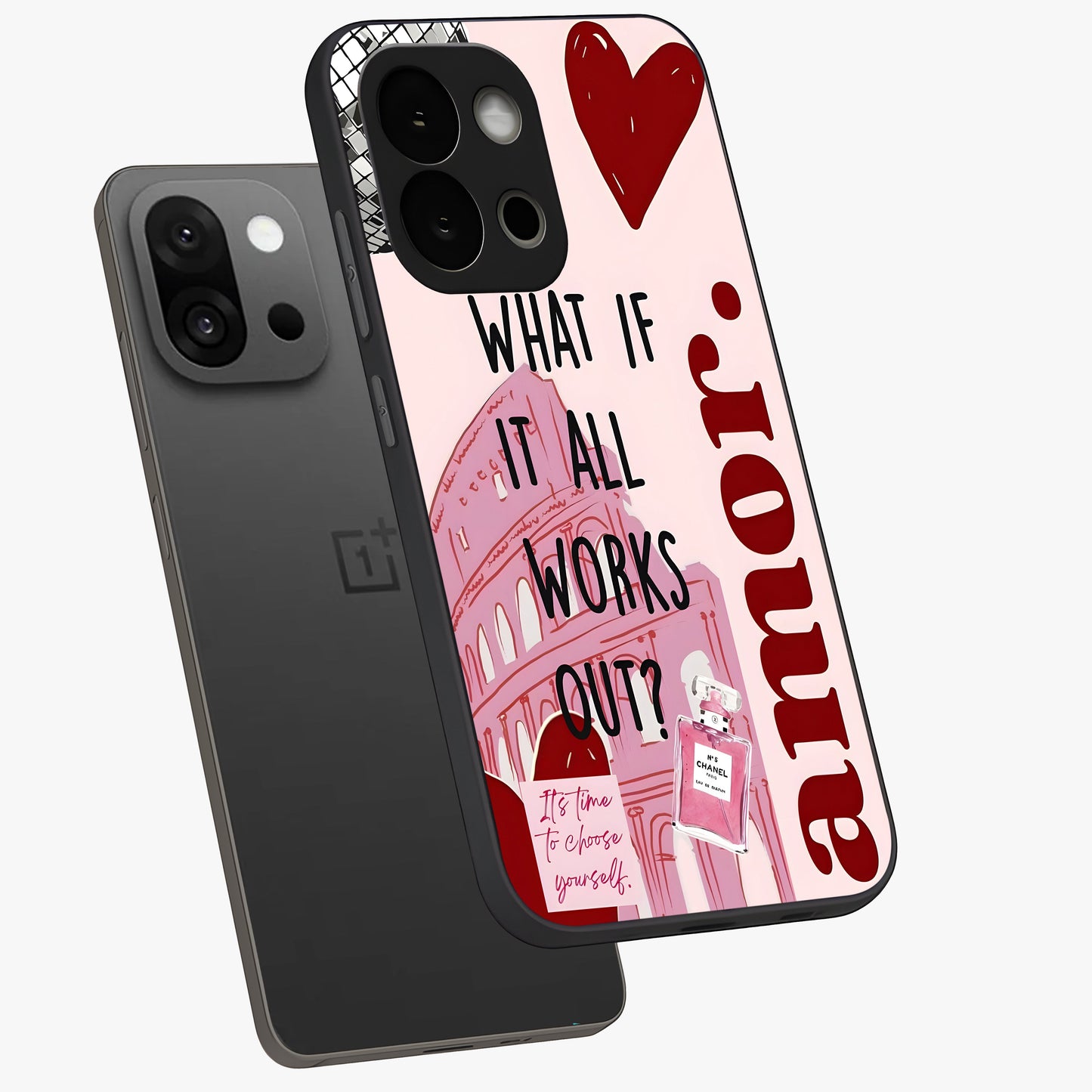 Amor Memory Scrapbook Glass Case for 1+13S angled mockup showcasing glossy finish and layered memory collage design