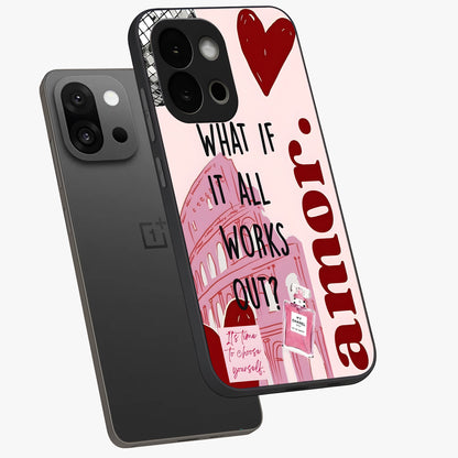 Amor Memory Scrapbook Glass Case for 1+13S angled mockup showcasing glossy finish and layered memory collage design
