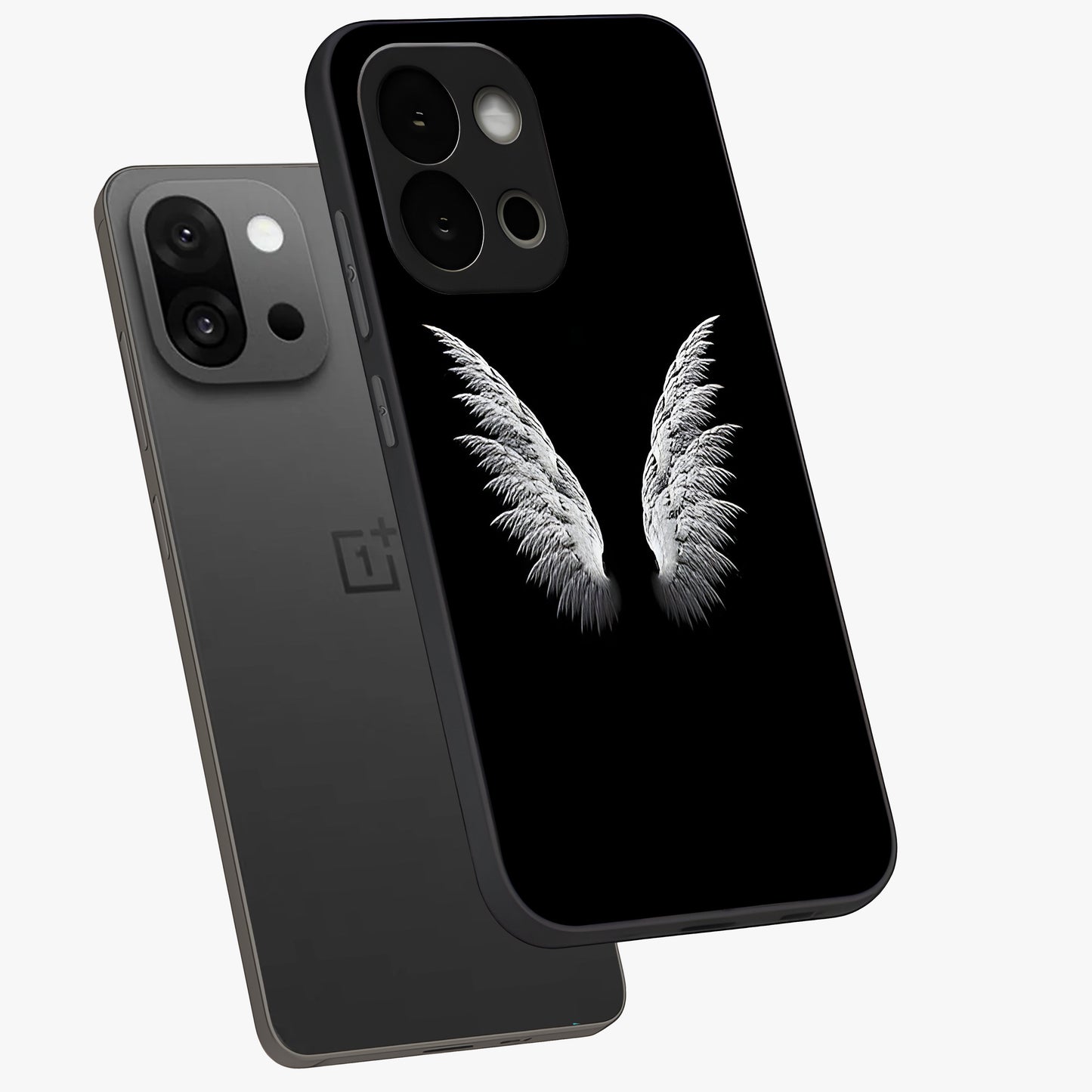 Angel Wing Grace Glass Case for 1+13S angled mockup showcasing glossy finish and graceful feather design