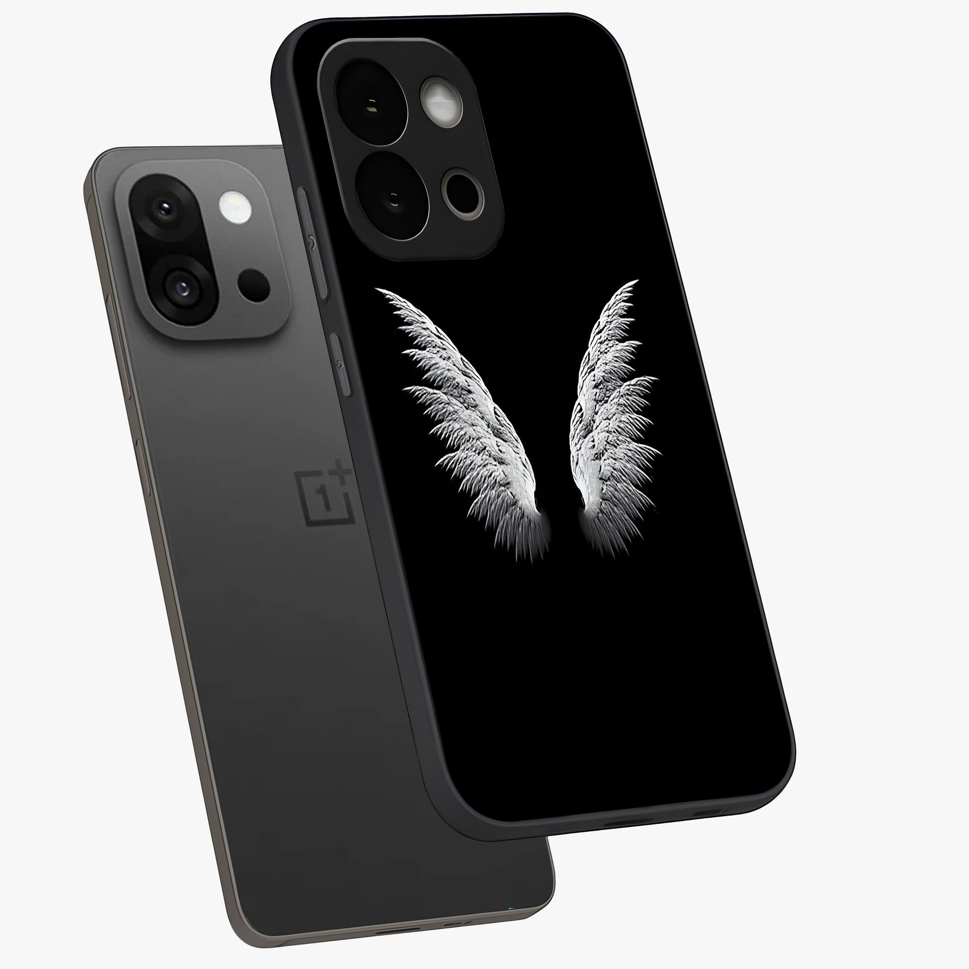 Angel Wing Grace Glass Case for 1+13S angled mockup showcasing glossy finish and graceful feather design