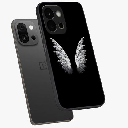 Angel Wing Grace Glass Case for 1+13S angled mockup showcasing glossy finish and graceful feather design