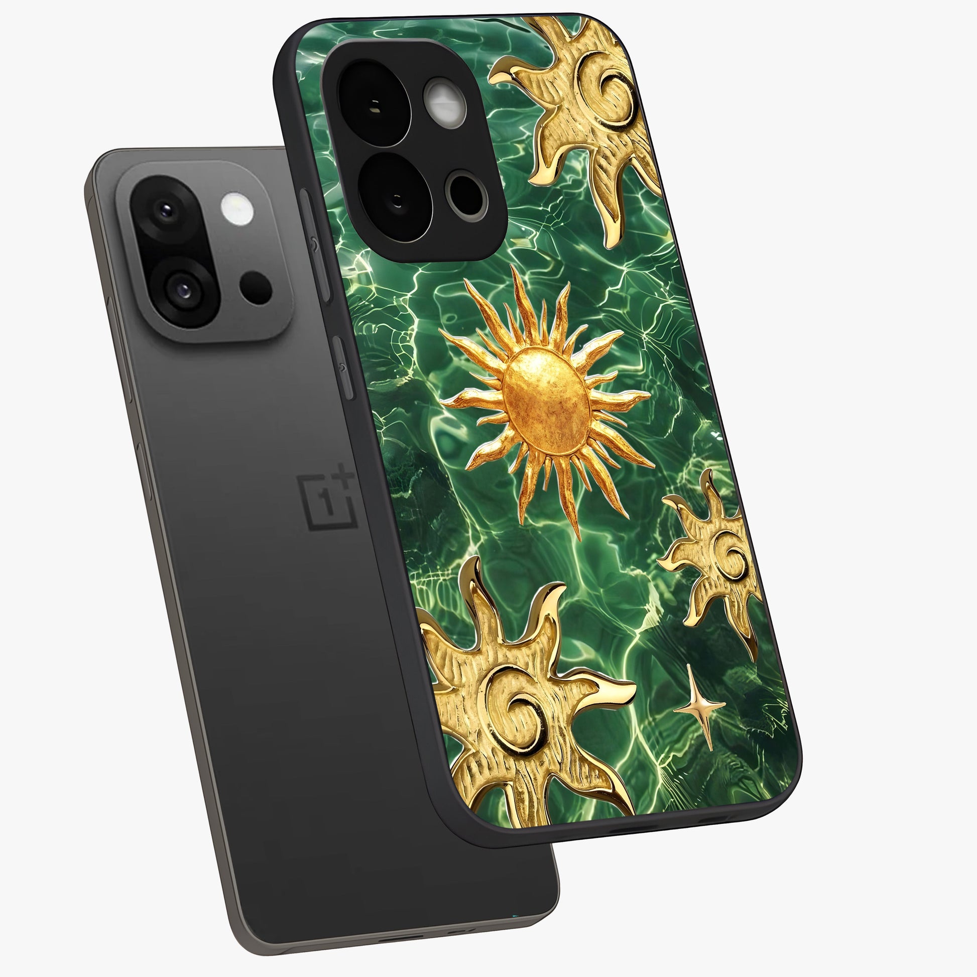 Aqua Sun Mirage Glass Case for 1+13S angled mockup showcasing glossy glass finish and radiant gradient tones