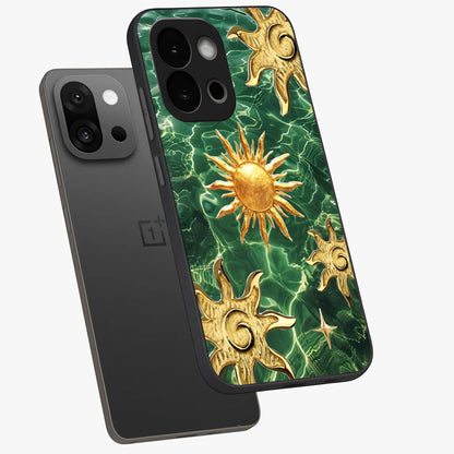 Aqua Sun Mirage Glass Case for 1+13S angled mockup showcasing glossy glass finish and radiant gradient tones