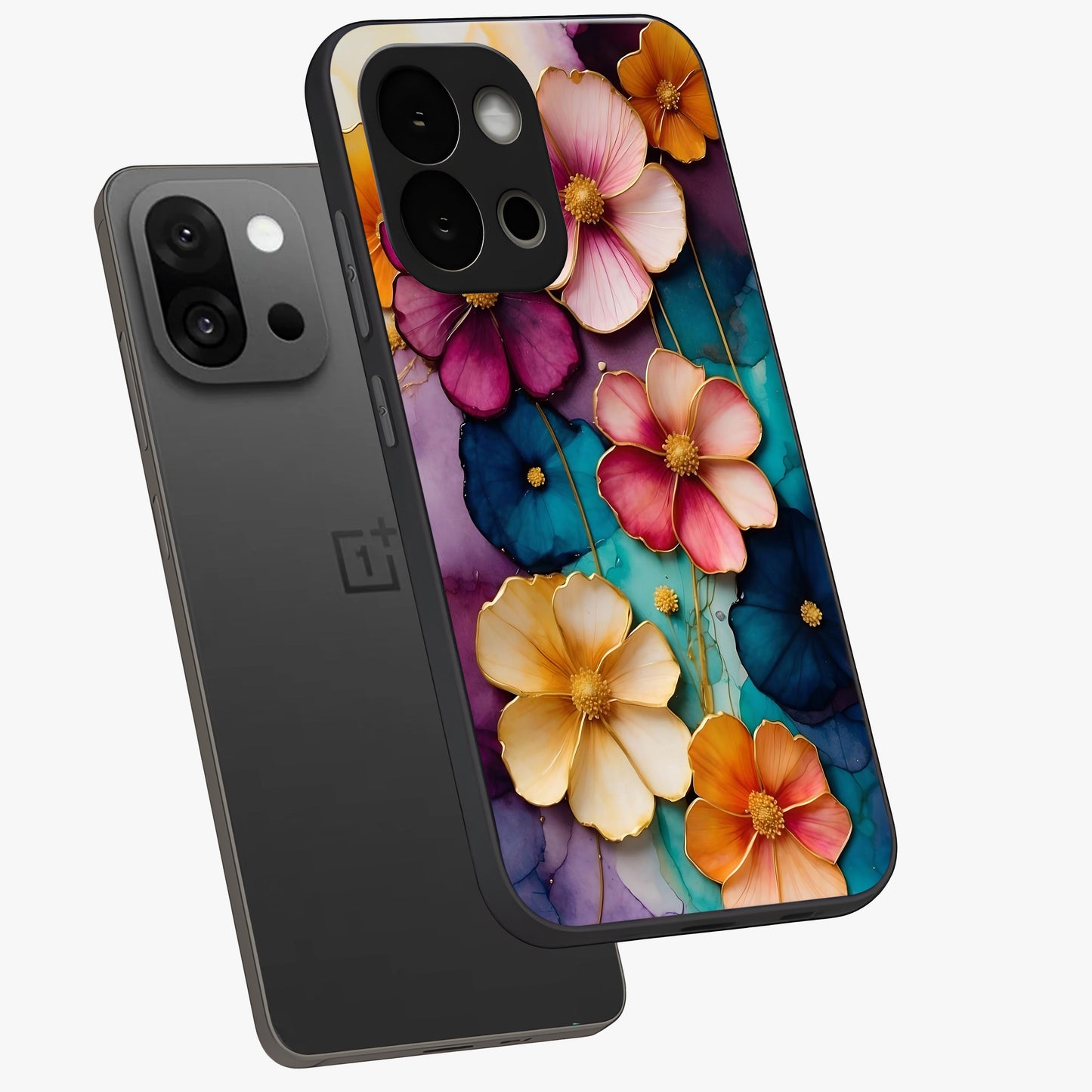 Artlyn Grace Flower Pattern Glass Case for 1+13S angled mockup showcasing glossy finish and graceful flower detailing