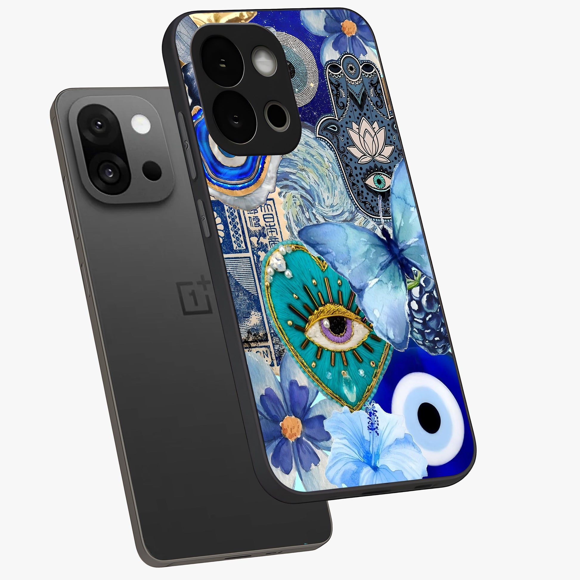 Audrey Zivan Glass Case for 1+13S angled mockup showcasing glossy glass finish and modern visual artwork