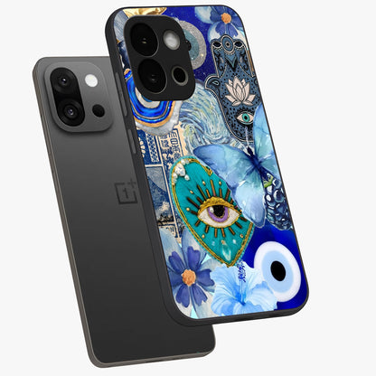 Audrey Zivan Glass Case for 1+13S angled mockup showcasing glossy glass finish and modern visual artwork